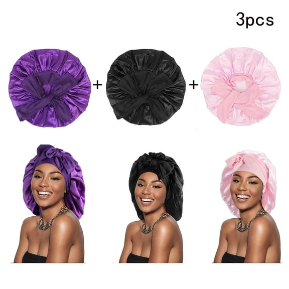 Vongem 3 Pack Satin Sleeping Bonnet, Silk Bonnet for Sleeping Women,Large Satin Sleep Bonnet with Long Strap, Adjustable Sleep Cap Hair Bonnet for Women & Men, Black Purple pink