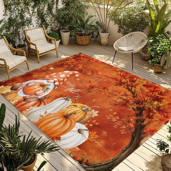 Outdoor Rug, Fall Farmhouse Gnome Pumpkin Indoor Area Rug Outdoor Carpet RV Camping Rugs 5x8ft Thanksgiving Orange Maple Leaf Outside Mat for Patio Picnic Porch Deck Balcony Backyard