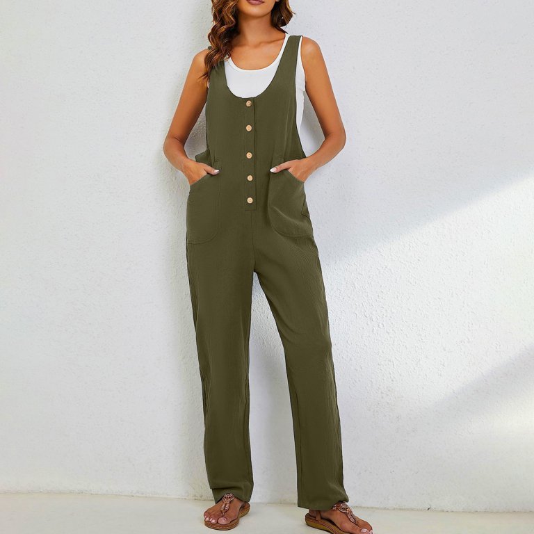 Women's Casual Tank Top Jumpsuit Summer Button Down Harem Leg