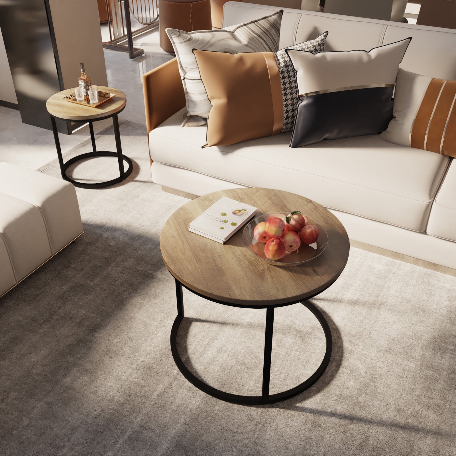 Algherohein Round Nesting Coffee Table Modern Marble Top Set of 2 for Living Room White Gold