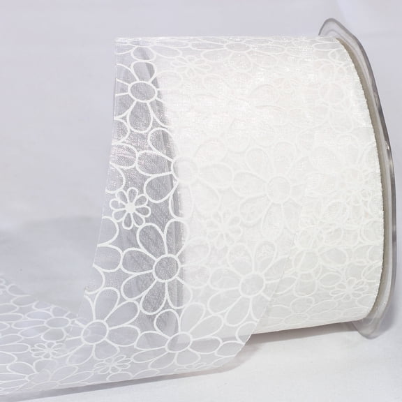 The Ribbon People Sheer White Floral Cut Edge Craft Ribbon 2.5" x 55 Yards