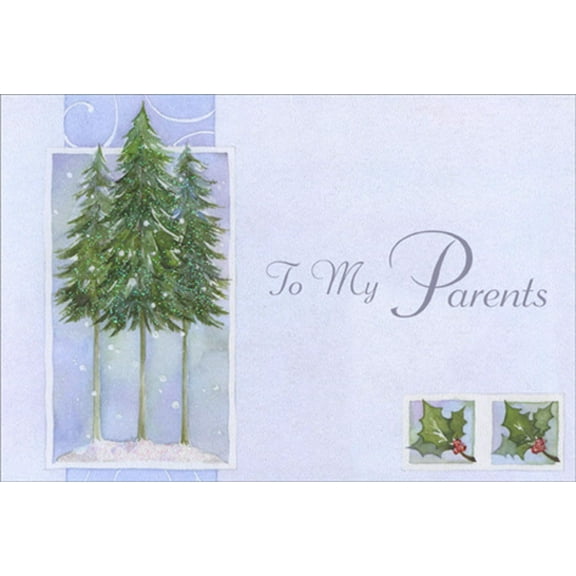 Pictura Tall Green Glitter Trees : Two Small Holly Panels Parents Christmas Card