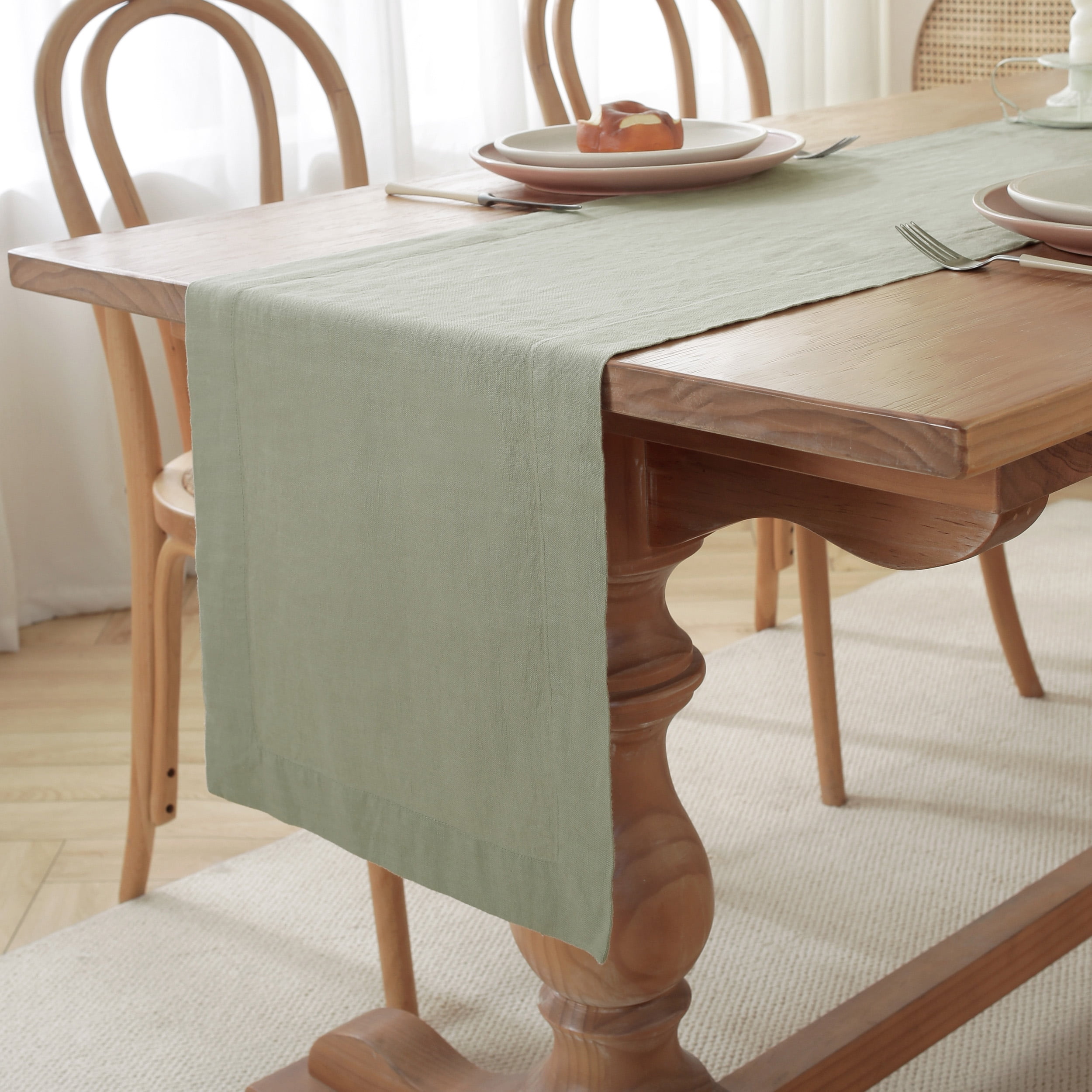 100% Pure Linen Natural Table Runner - 14x90 Inch French Linen Table Decor for Dining, Holidays, Christmas, and Weddings - Sage