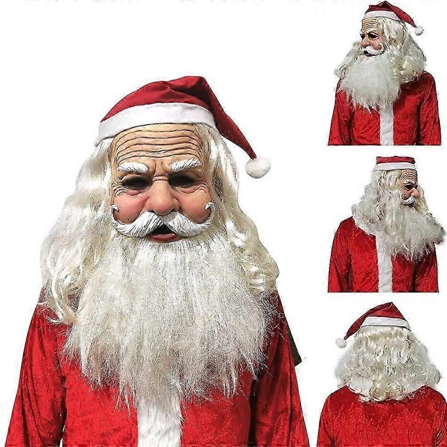 2024 Christmas Full Beard Wrinkled Santa Claus Mask with Hat Xmas Party Cosplay Costume Halloween Fancy Dress Props