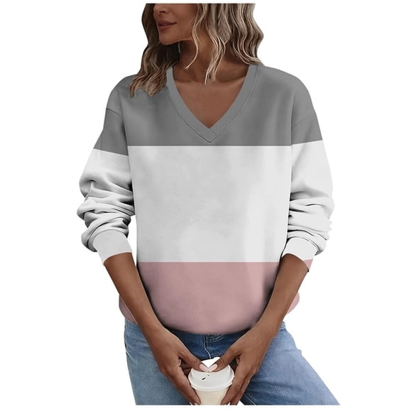 Atogsazn Womens V Neck Sweatshirt Casual Striped Long Sleeve Pullover Sweatshirts Fall Tops Clothes Outfit 01-Gray L Fashion