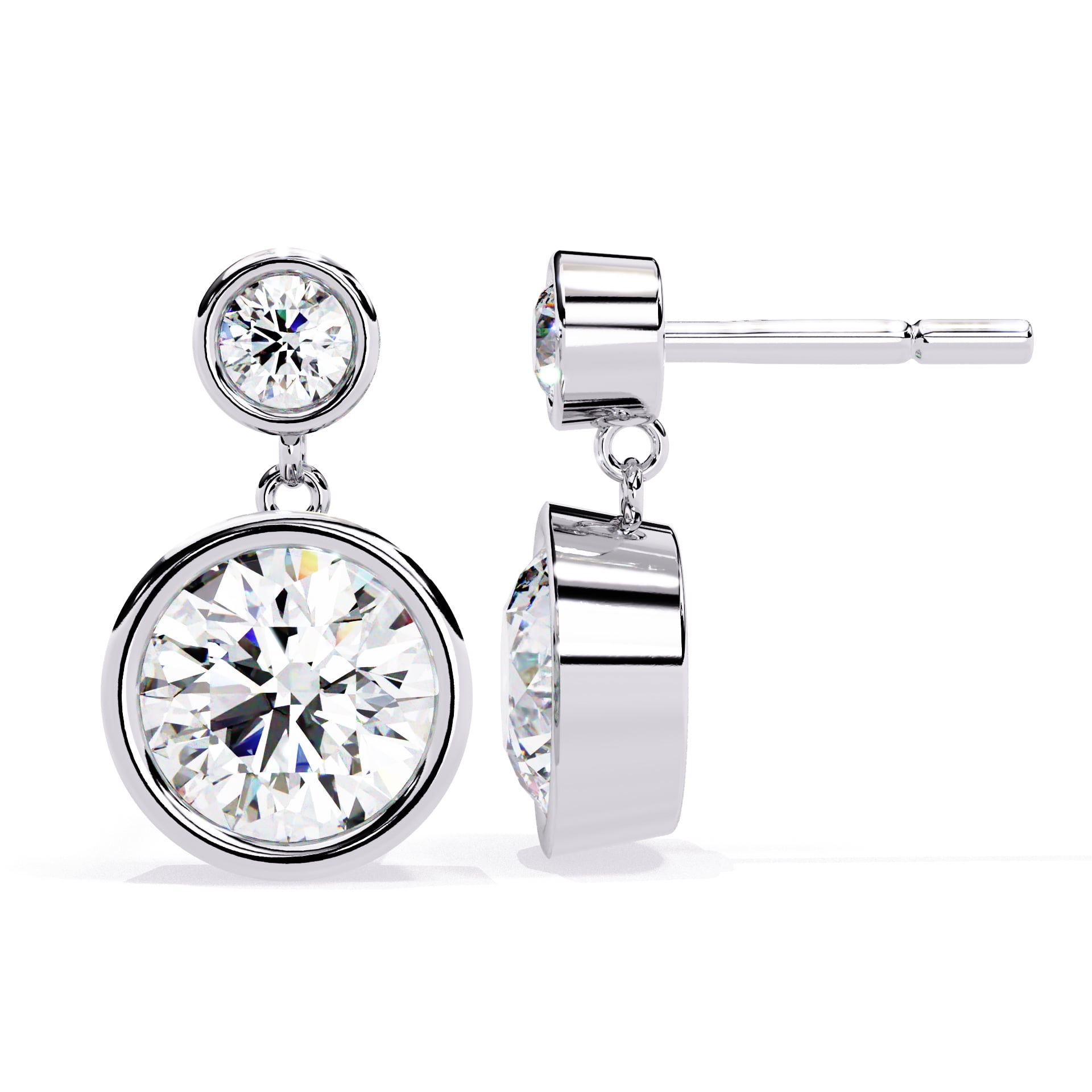 Moissanite Diamond Drop Earrings in Sterling Silver, Round Cut 6mm & 2.7mm Bezel Set with Screw Back