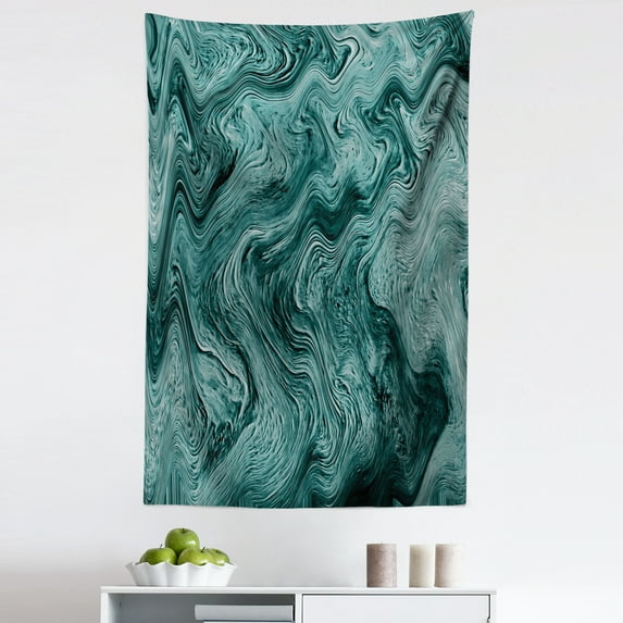 Marble Tapestry, Abstract Modern Green Colored Fluid Art Contemporary Marbling Style, Fabric Wall Hanging Decor for Bedroom Living Room Dorm, 5 Sizes, Dark Teal and Cadet Blue, by Ambesonne