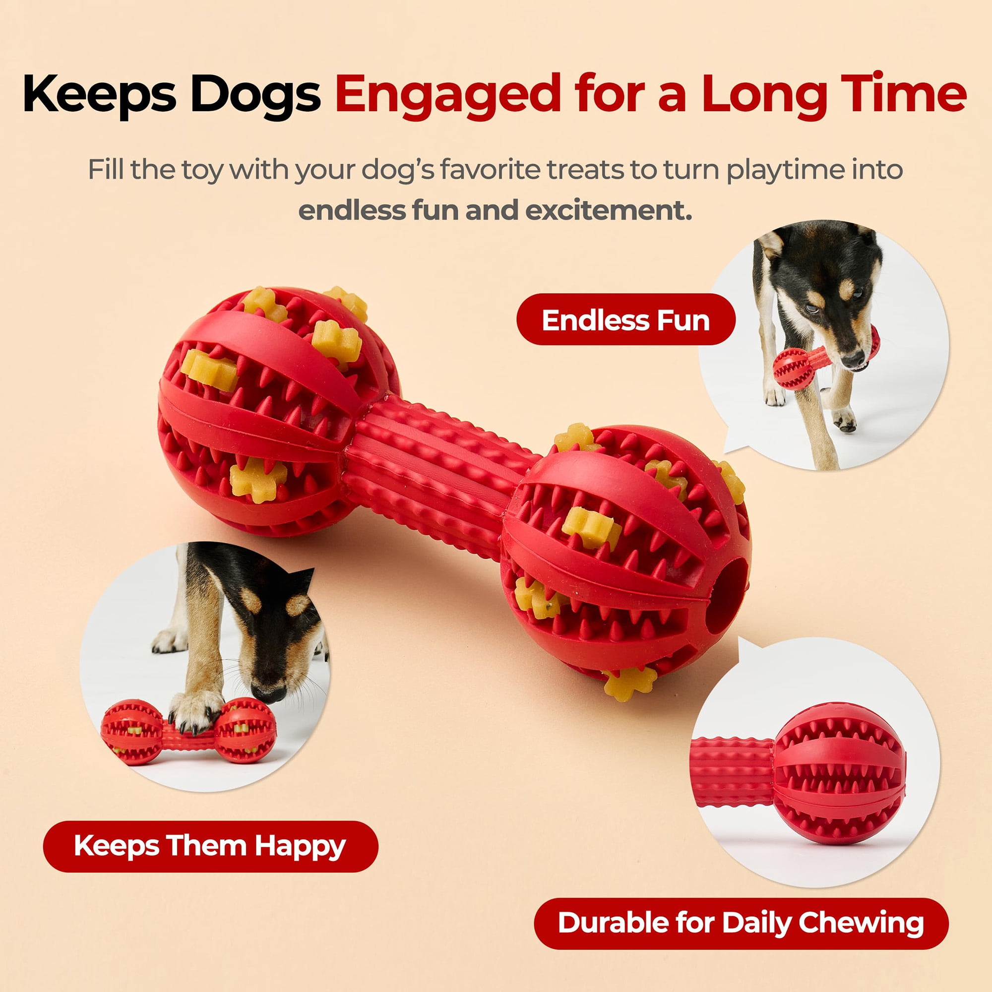 Durable Dog Chew Toy for Aggressive Chewers, Dental Cleaning Toy for Small Medium Dogs, Plaque Tartar Remover, Interactive Teeth Cleaning Chew Toy to Keep Dogs Busy, Red