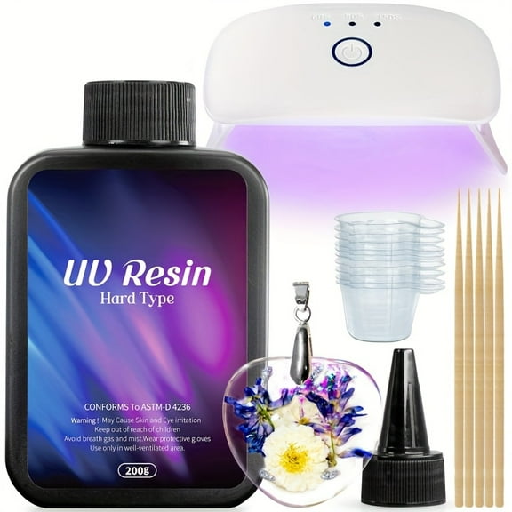 200g Resin Lamp Kit, Hard Resin Clear Fast Formula Upgrade Curing Resin, for Jewellery DIY Production, Casting And Coating Hard Transparent Adhesive Craft Decorating, Sunlight Curing Resin