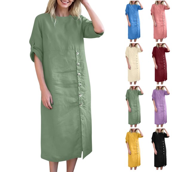 Vhkiploz Summer Long Tunic Linen Dress for Women's Solid Color Button-Up Front Split T-Shirt Dress Short Sleeve Round Neck Beach Straight Dress