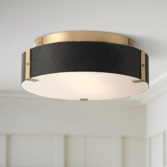 Possini Euro Design Elise Mid Century Modern Ceiling Light Flush-Mount Fixture 12 1/2" Gold 2-Light Black Shade for Bedroom House
