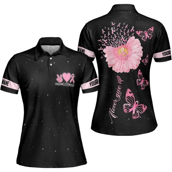 Personalized Breast Cancer 3D Polo Shirt, Pink Ribbon Awareness Polo, Survivor Pride Shirt Breast Cancer Tshirt (S)