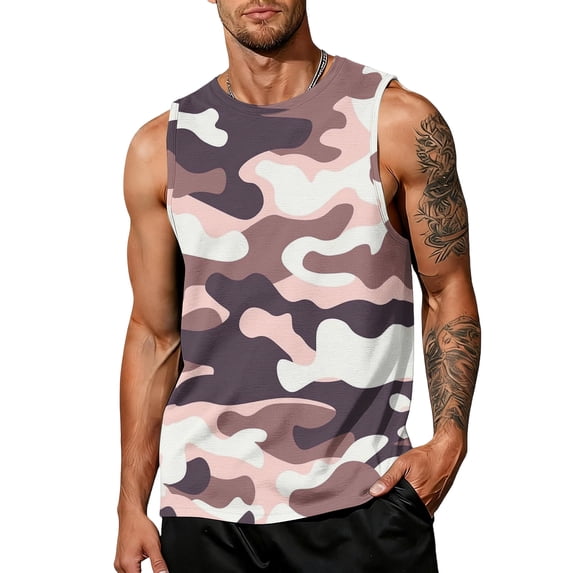 longantii Men's Camo Print Tank Tops Breathable Crew Neck Sleeveless Shirts Loose Fit Outdoor Athletic Summer Vest Pink 3XL