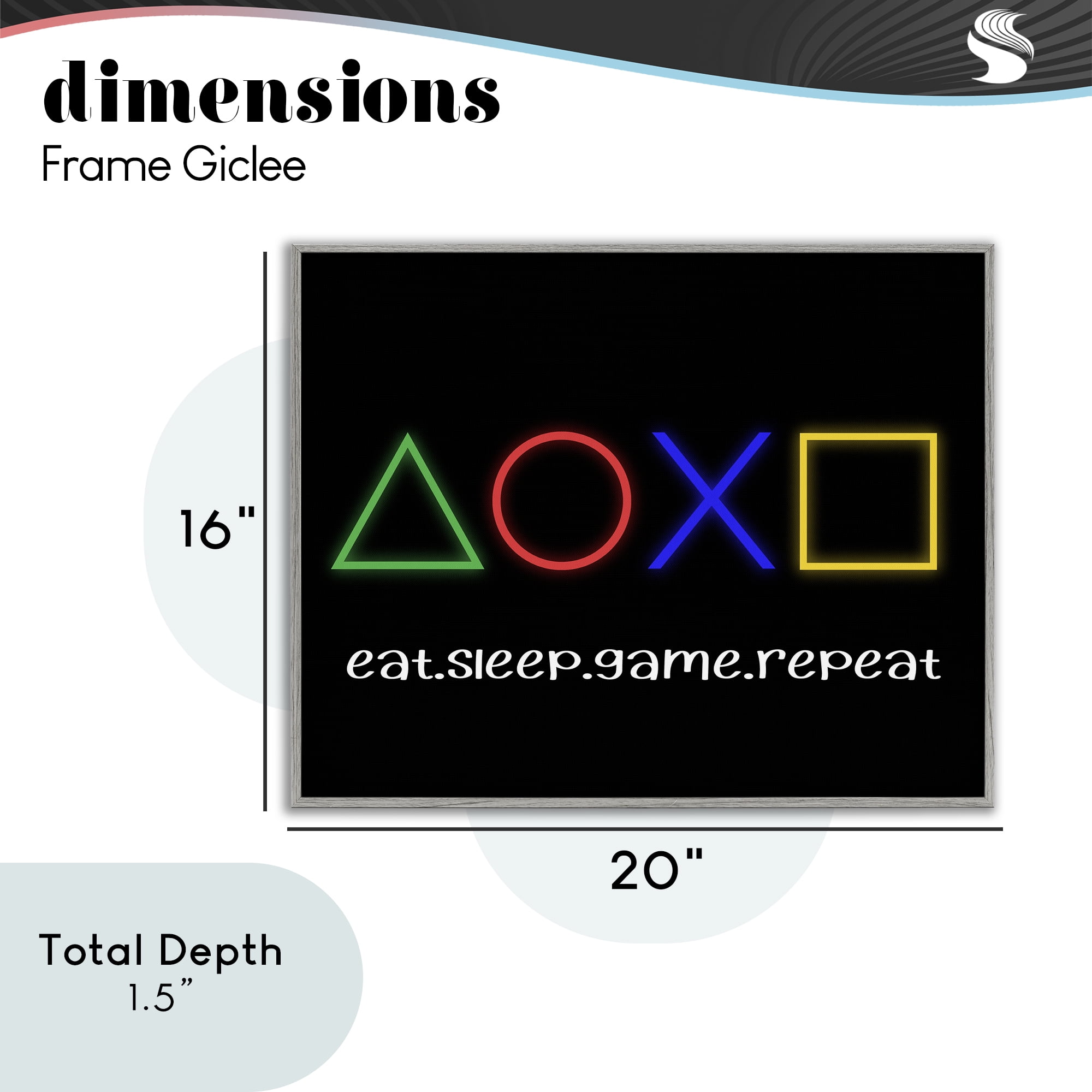 Neon Gaming Symbols & Words Gray Framed Giclee Art, design by Christine Simpson Art
