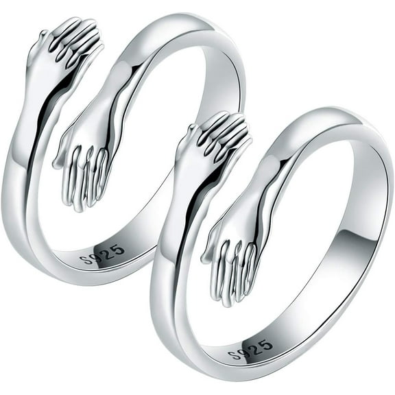 2Pcs Hug Rings 925 Sterling Silver Hug Ring for Women Men Silver Hugging Hands Open Promise Ring Jewelry Hug Hands Mens Rings Couples Valentine's Day Jewelry Gifts