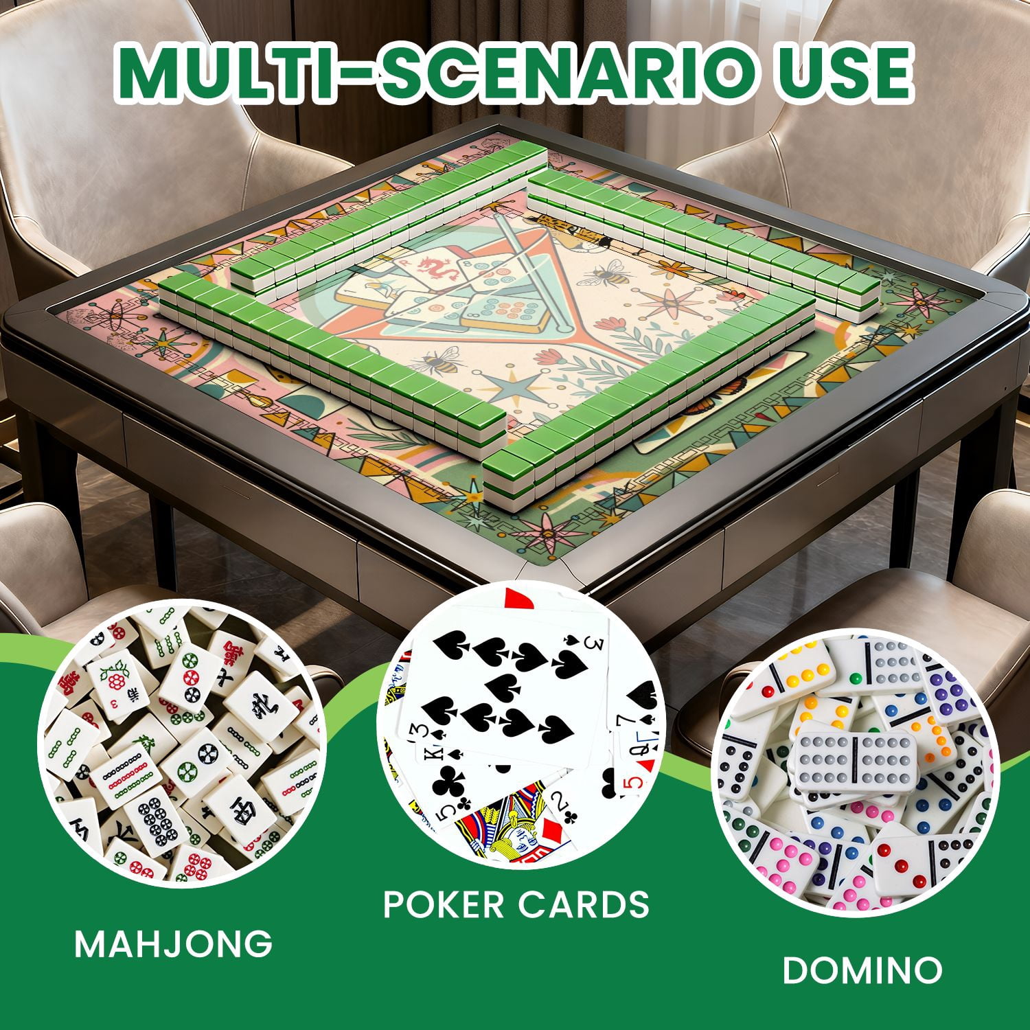Mahjong Mat 31.5" x 31.5" Mid Century Modern Martini Glass Tigers Mahjong Tiles Floral Accents Non-Slip Noise Reduction American Mahjong Tiles Table Cover for Dominoes Poker Card Board Games Gift