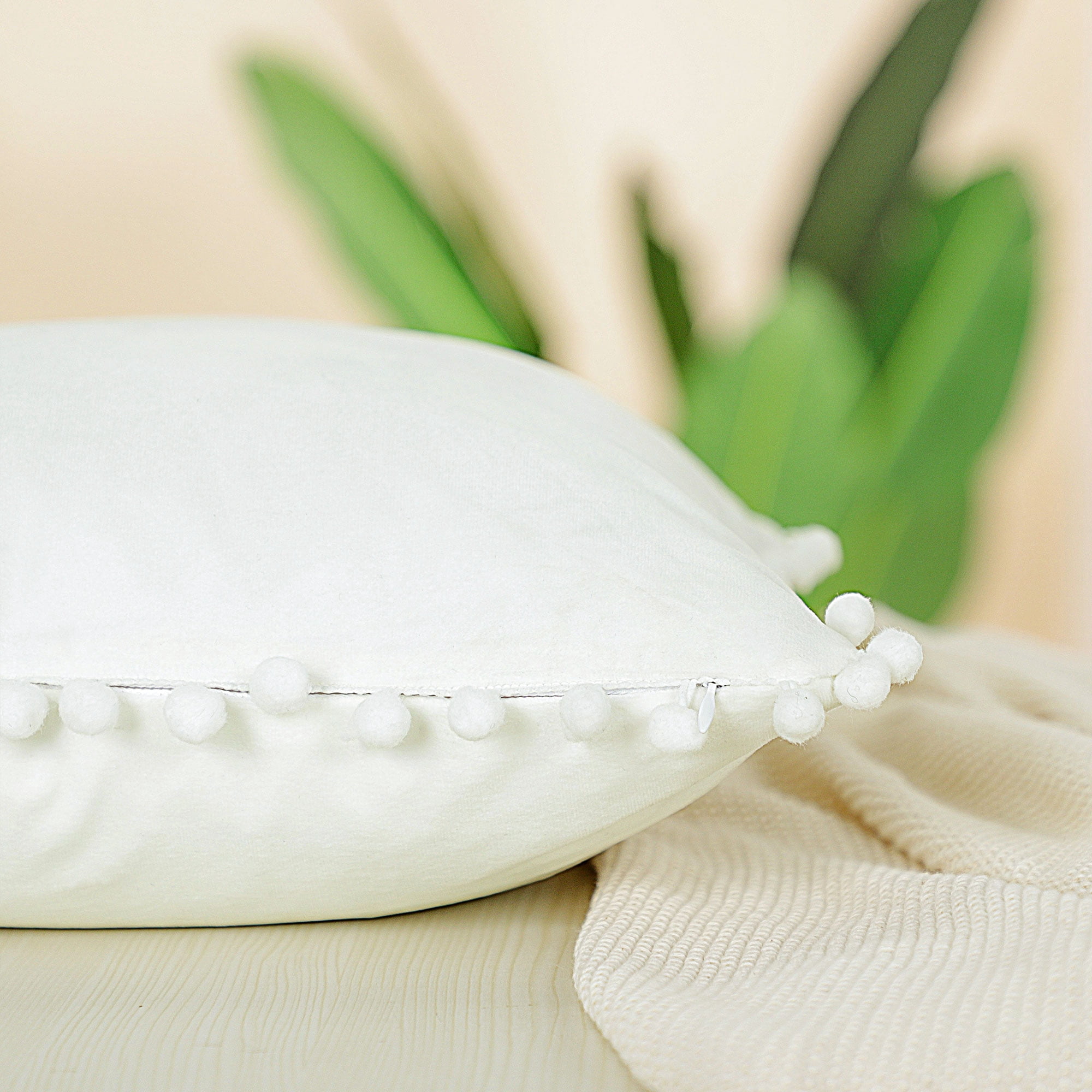 Unique Bargains Velvet Pillow Cover with Pompoms for Sofa 1PCS Snow White 18x18Inch