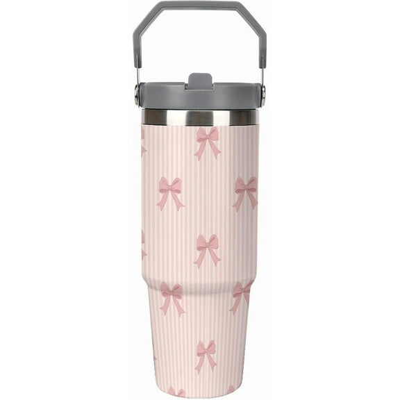 30 Oz Insulated Tumblers with Flip Straw Lid Top Handle Striped Bows Pink Leakproof Reusable Vacuum Stainless Steel Travel Coffee Mug for Car