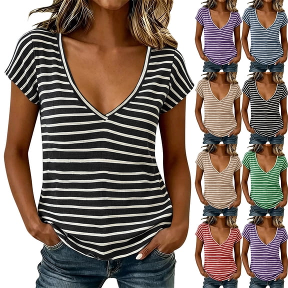 Feancey Womens Striped T Shirts Short Sleeve V Neck Summer Basic Tees Breathable Lightweight Cotton T-Shirt Dressy Casual Going Out Tops Khaki S