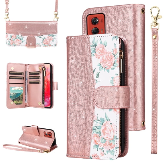 Furiet for Motorola Moto G Stylus 5G 2024 Floral Wallet Case Flip Zipper Purse Wrist Strap Shoulder Strap, Luxury Glitter PU Leather Card Holder Stand Accessories Phone Cover for G5 Women Rose Gold