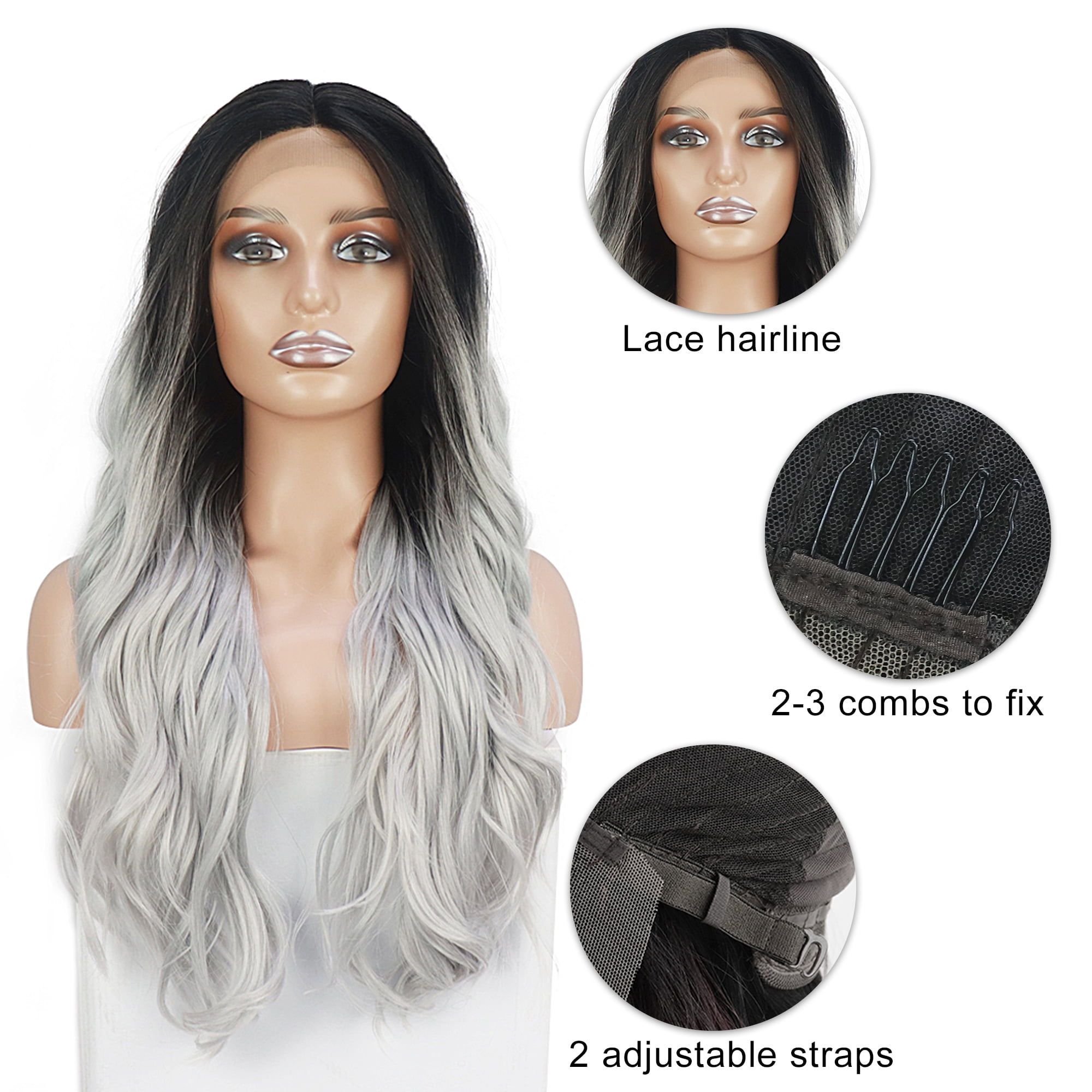 Unique Bargains Lace Front Wigs Long Body Wave for Women Lady Gradient Gray
