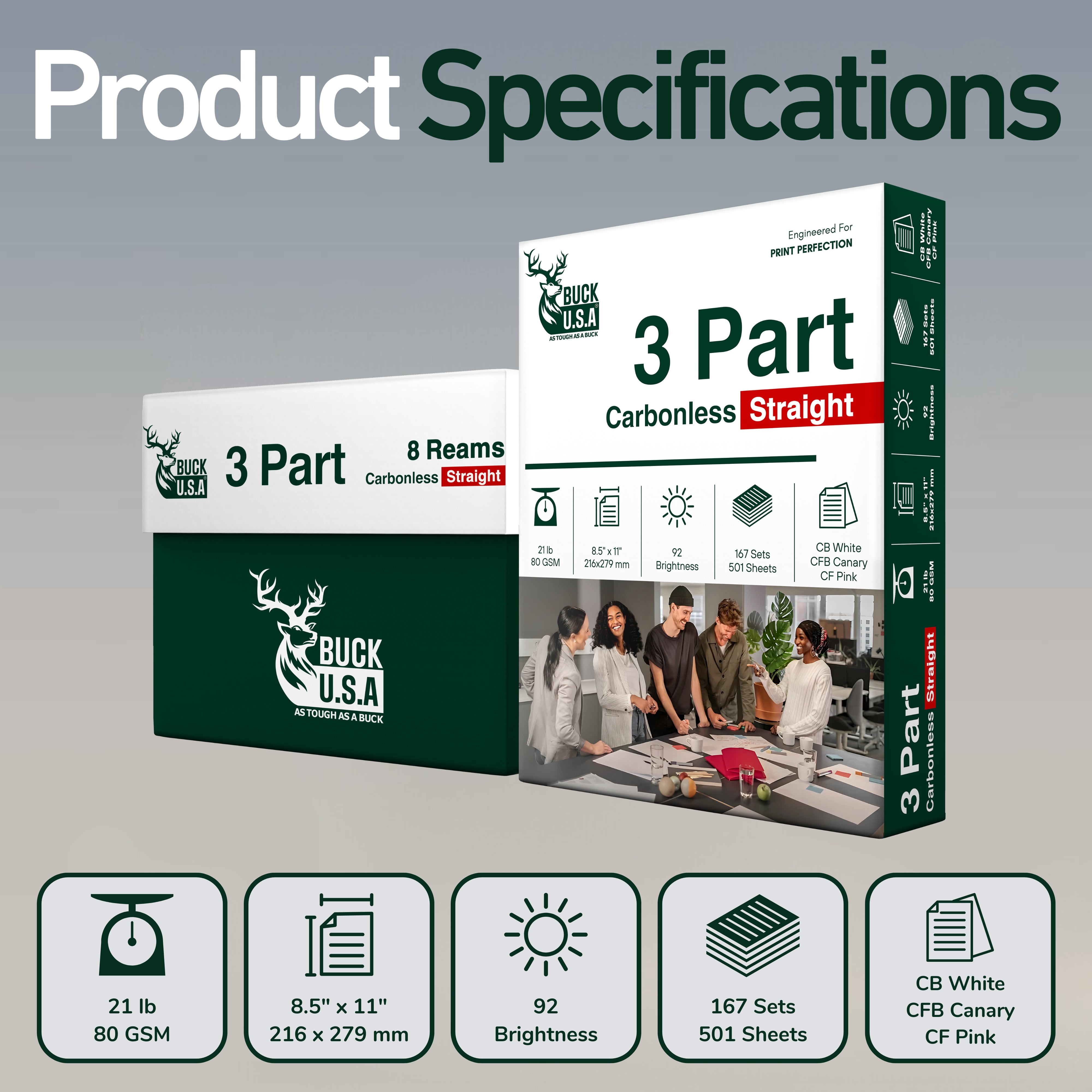 Buck 3 Part Straight Digital Carbonless NCR Paper, 8.5"x11" Collated Paper, Pallet, 320 Ream, 200400 Sheets, CB White/CFB Canary/CF Pink - Ideal for Laser & Digital Printers & Perfect for Duplicates