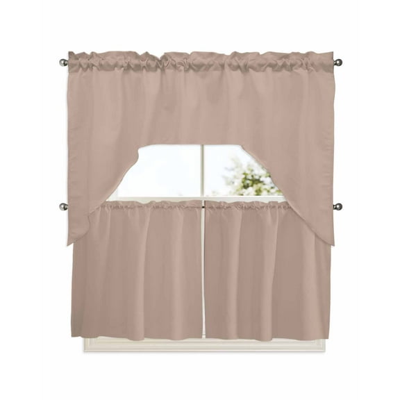 Warm Beige Kitchen Curtains Swag Valance and Tier Curtains Set 24 Inch Length, Solid Color Farmhouse Beige Rod Pocket Drape Panels Pair Swag Curtains for Bathroom/Cafe/Window