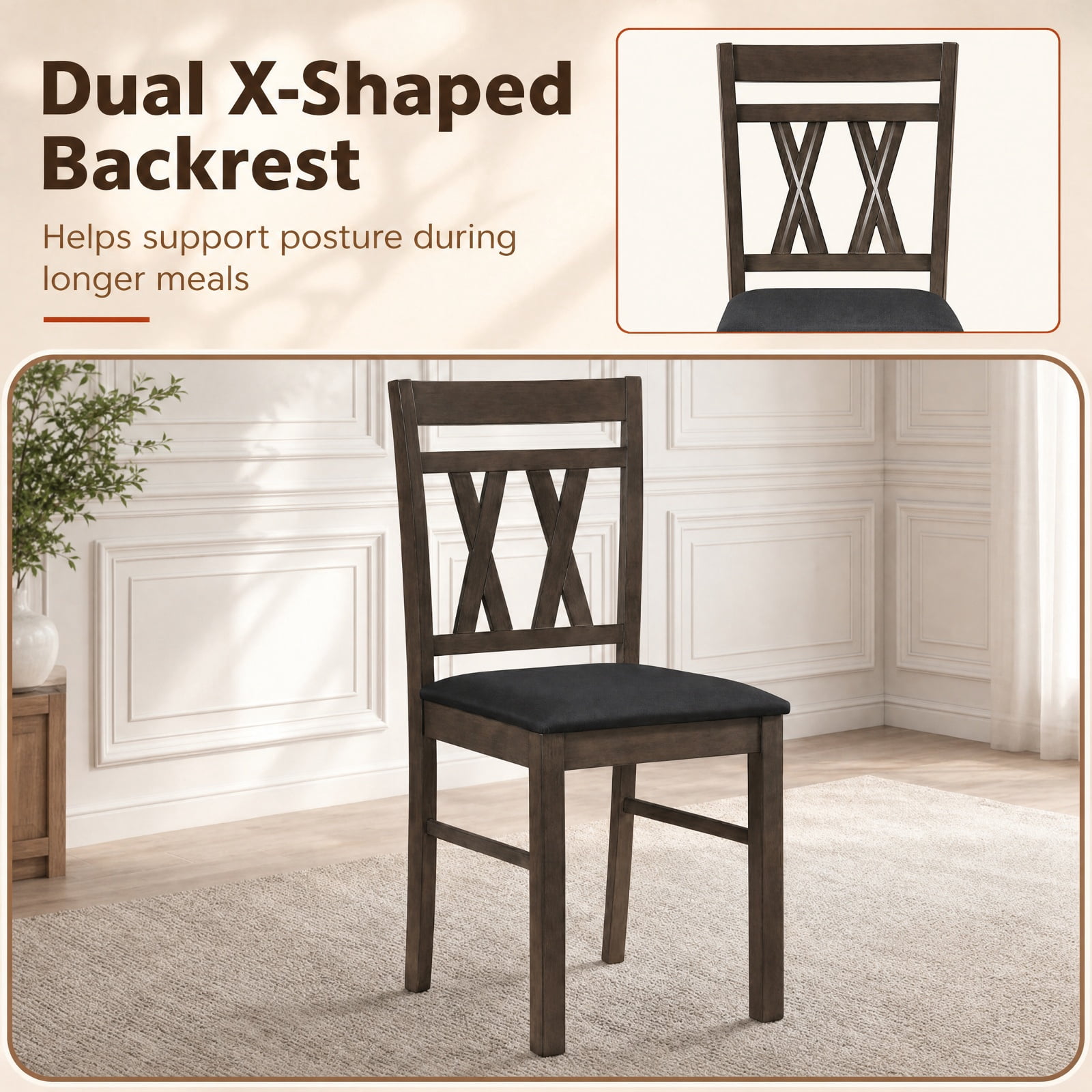 Furnibear Set of 2 Modern Linen Style Upholstered Kitchen Chairs with High Back and Rubber Wood Frame for Dining Room, Gray