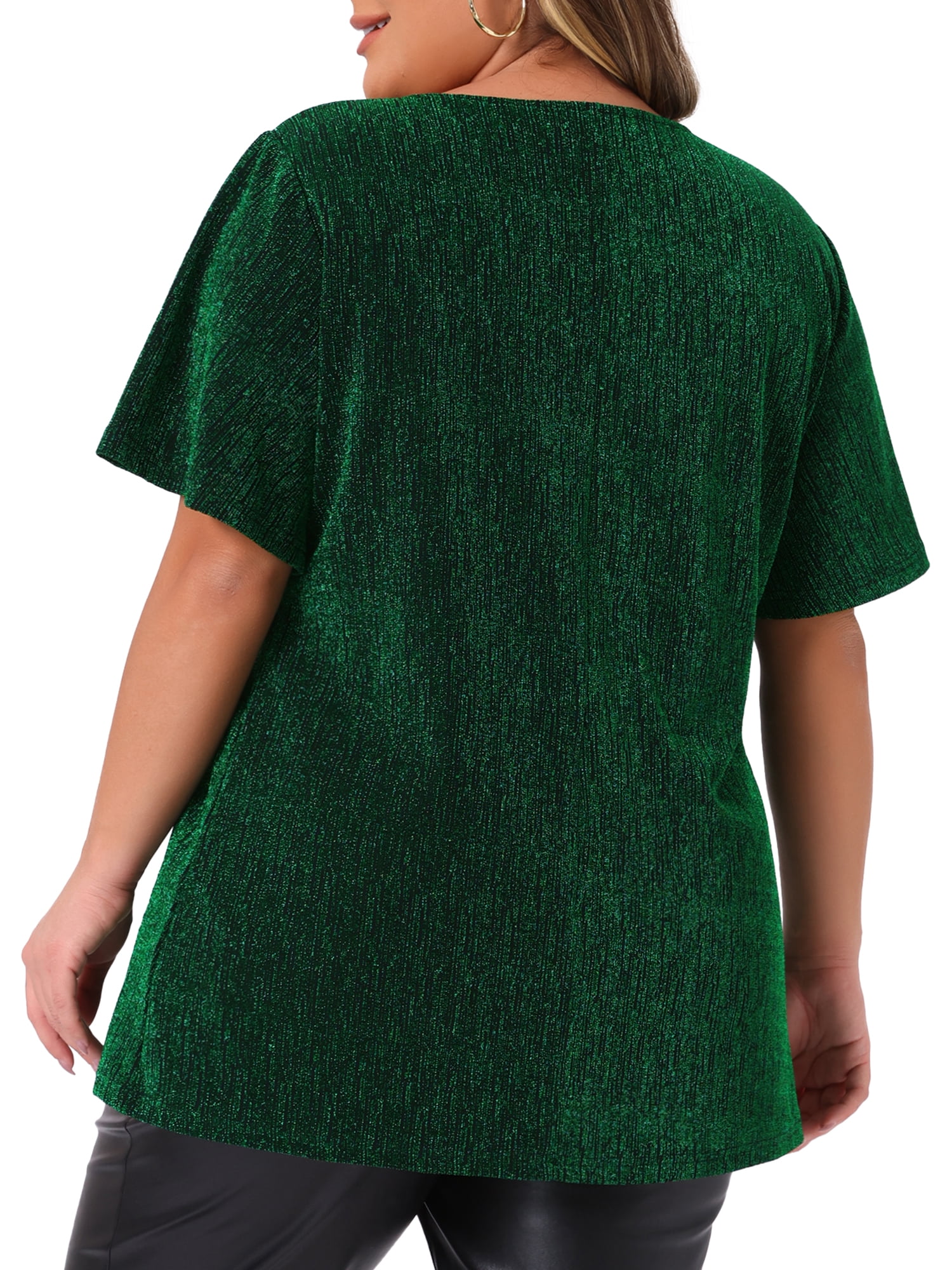 Women's Plus Metallic Tops V Neck Short Sleeve T-Shirt Party Top Glitter Blouses 3X Green