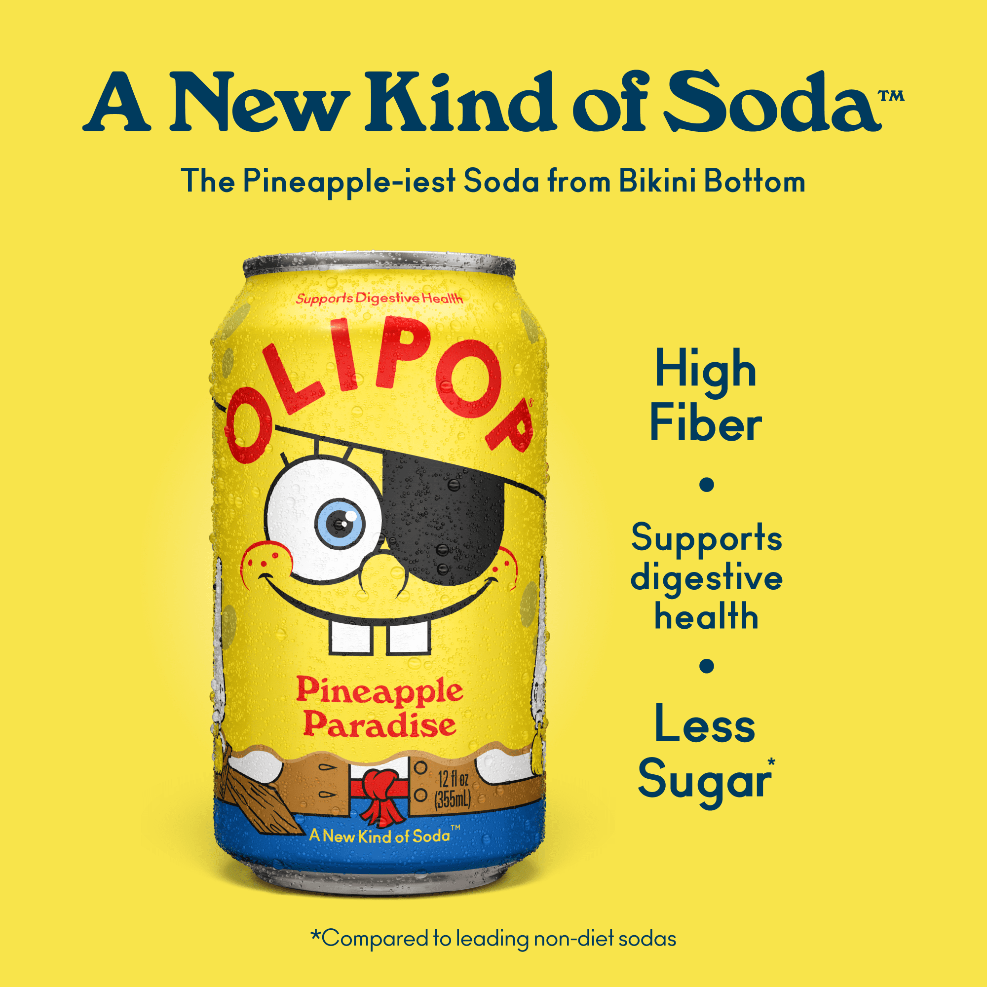 OLIPOP Prebiotic Soda, SpongeBob Pineapple Paradise, 12 fl oz, 4 pack, Pantry Pack