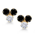 thumbnail image 2 of Gem Stone King 14K Yellow Gold Black Diamond and White Moissanite Three Stone Stud Earrings for Women (0.60 Cttw, Gemstone April Birthstone, Round 3MM), 2 of 4