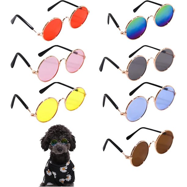 7PCGafas de sol para mascotas de 7 piezas, gafas de sol redondas de metal para perros, gafas de sol clásicas retro con disfraz de gato, accesorios para fotos, gafas de sol divertid