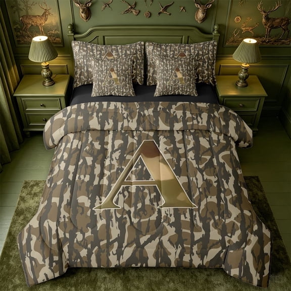meiyoeat Rustic Hunting Camo 7pcs Queen Bedding For Boys,Green Initial Letter A Bedding Comforter Set Queen For Men,Black Reversible