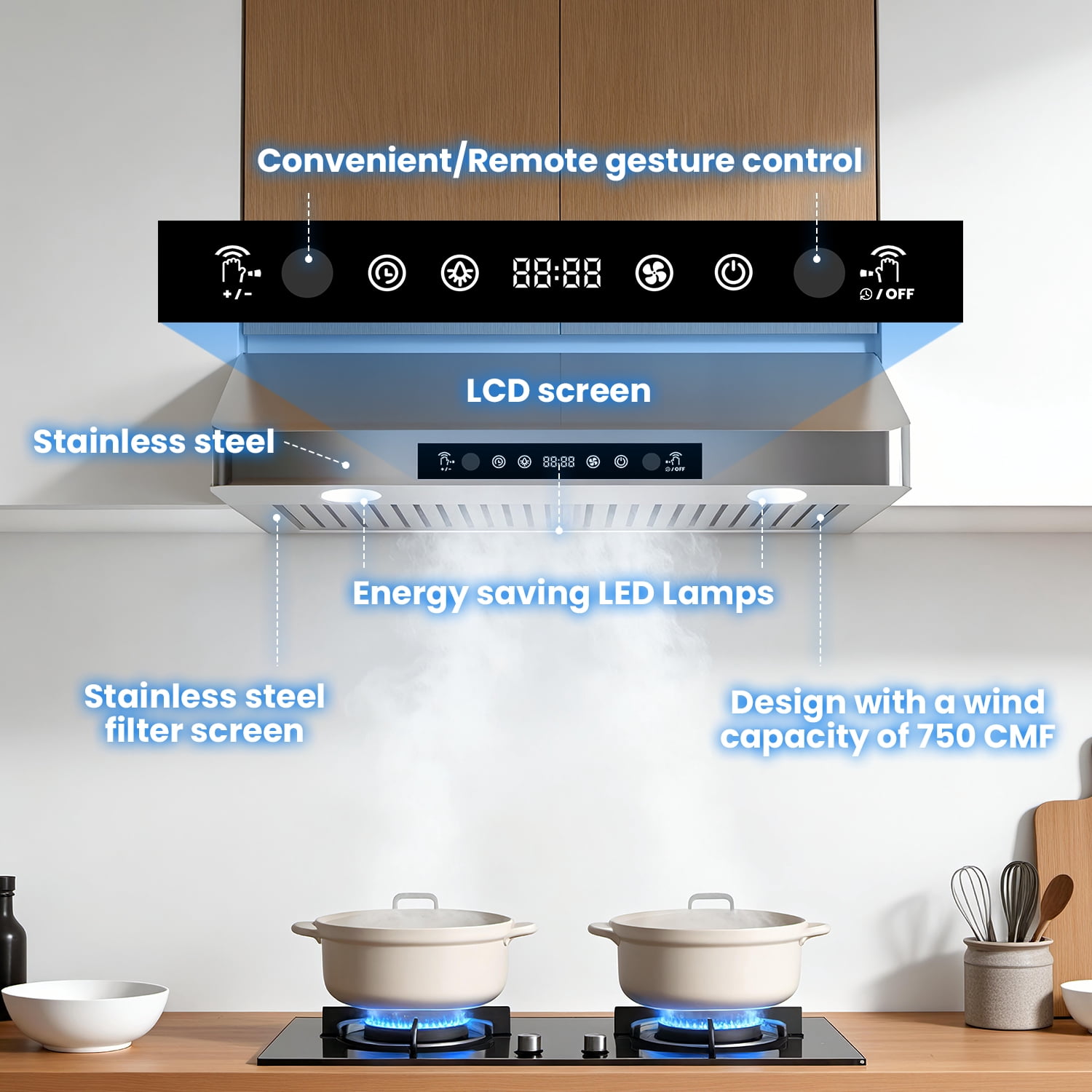 ICYBER BOOM 30 Inch Under Cabinet Range Hood, 750 CFM Max Airflow Stainless Steel Kitchen Vent Hood, Gesture & Remote Control, 3 Speeds, 3-Min Delay, 65 dB, LED Lamp