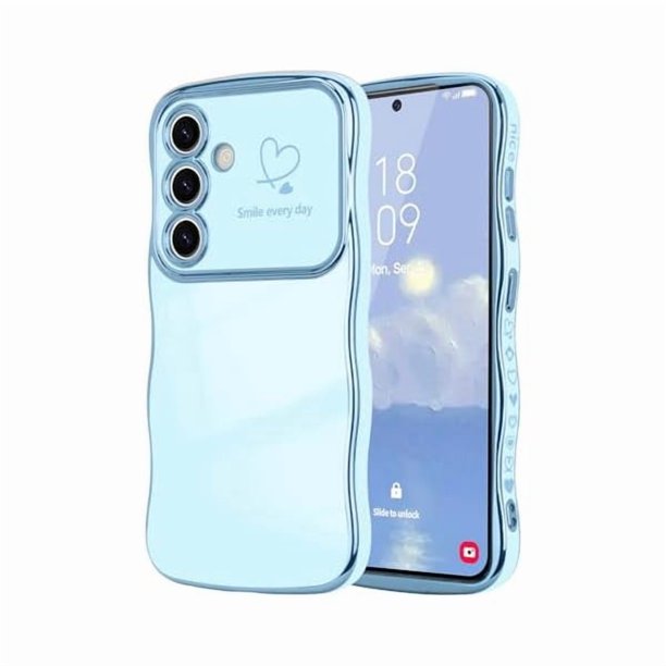 Chenchen for Samsung Galaxy S24 Plus Case for Women Girls, Cute Wave Frame Curly Shape with Love Heart Camera Protection Cover Luxury Plating Shockproof Phone Case for Galaxy S24 Plus 5G, Baby Blue