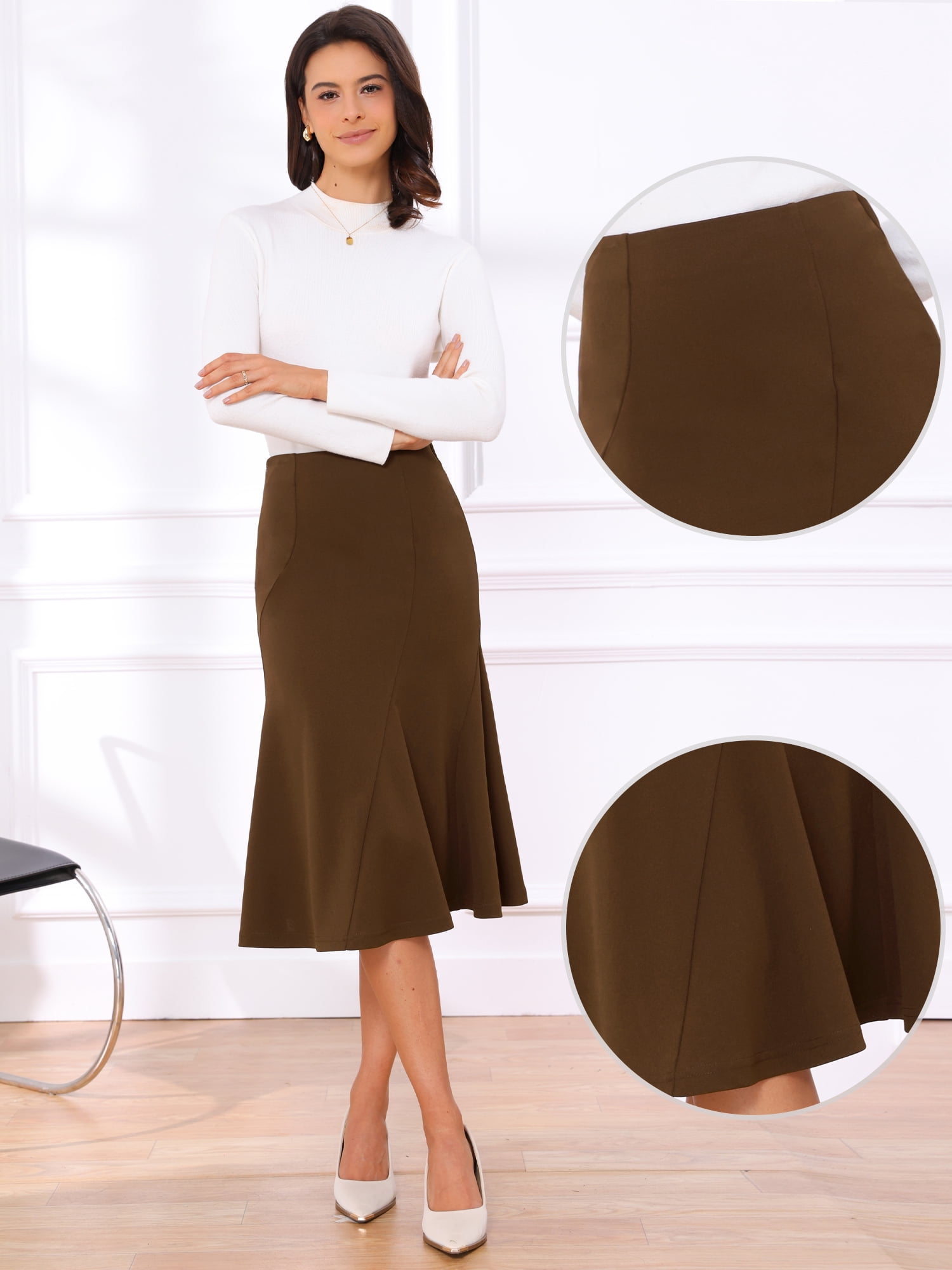 DARING DIVA Women's High Waisted Business Fishtail Midi Skirt M Brown