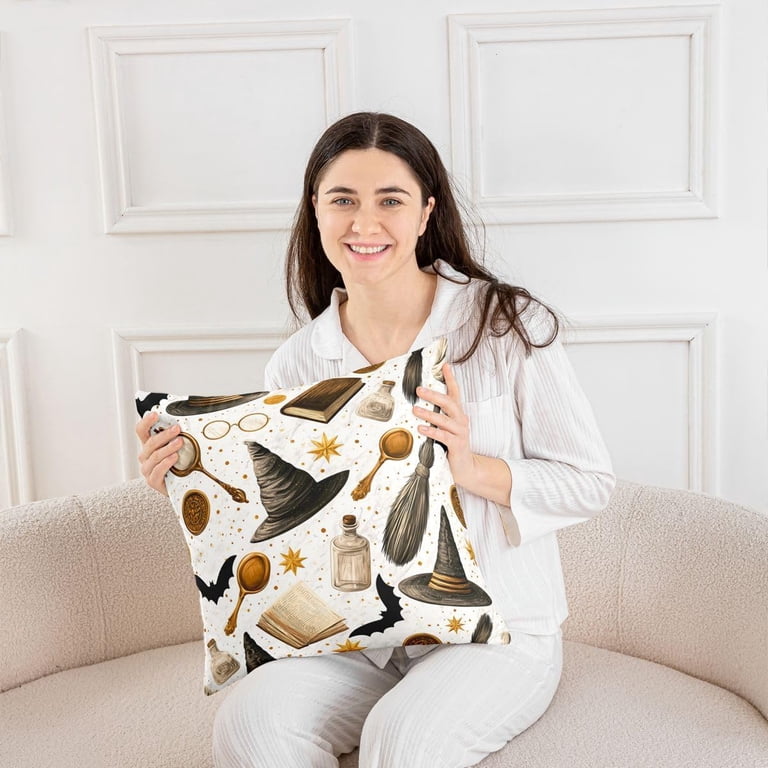 Cute Bat Magic Book Witch Hat Star Print Double Sides Halloween Cushion ...