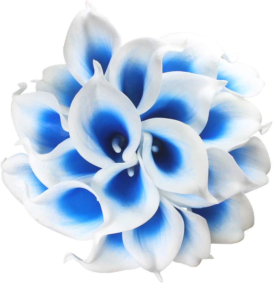 Mini Artificial Calla Lily 10 Stem Bridal Bouquets Artificial Latex Real Touch Flowers for Home Party Decor (Teal Blue White)