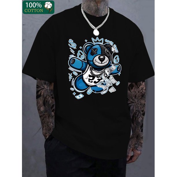 Bear and Money Fly graphic print, boutique 220g thickened cotton T-shirt, men's fashion casual cotton T-shirt, short-sleeved crewneck T-shirt Tee For Adult, Men, Women, Teen, Teenager, Adolescent, Yo