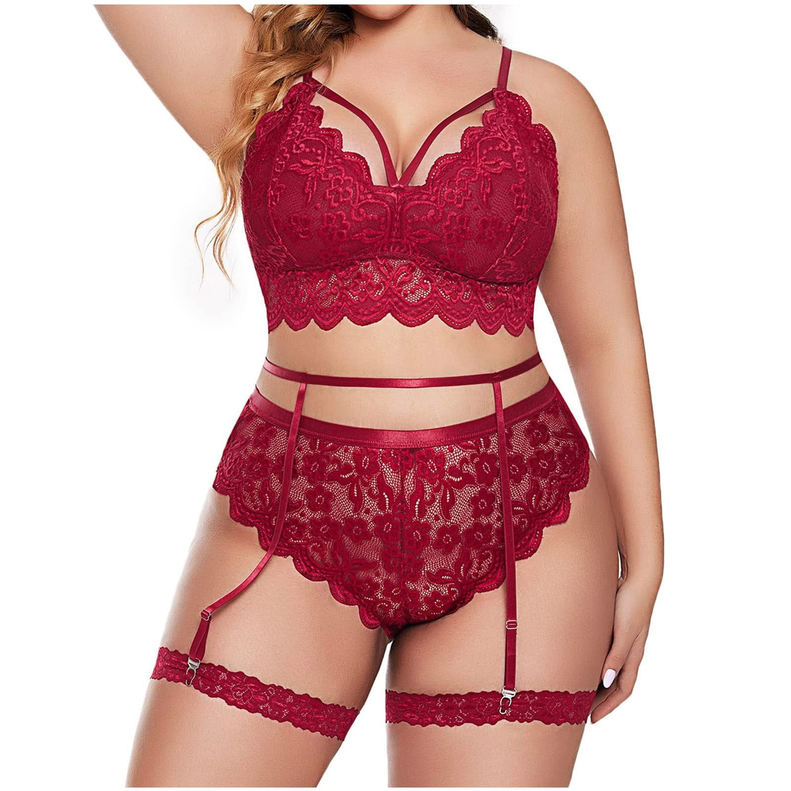 Plus Size Red Sheer Blossom Lingerie Babydoll & G-String - Red - 1X/2X
