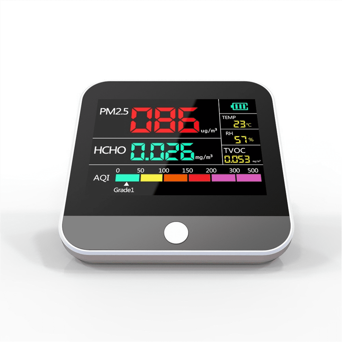 Eight in One Indoor Air Quality Monitor PM2.5/PM1 /PM10 Monitor Temperature Formaldehyde TVOC Air Quality Tester,1 x Air Quality Monitor 1 x USB charging cable 1 x English manual,white black