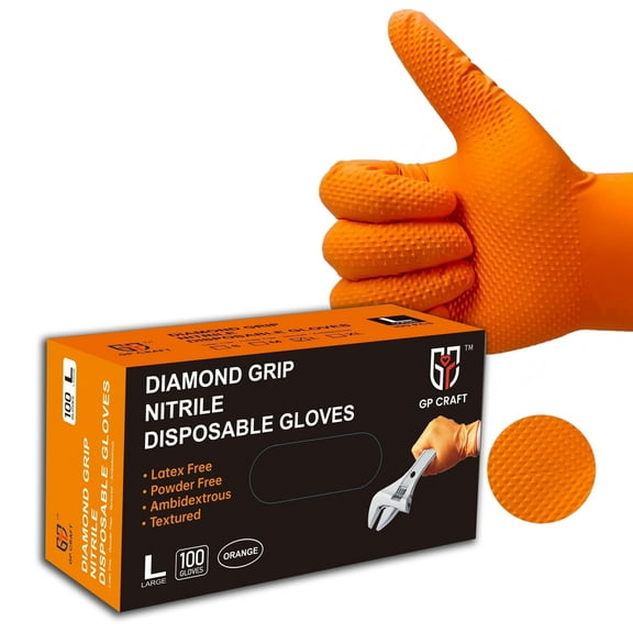 100pcs  GP Craft  8Mil Diamond Textured Orange Nitrile Gloves (Automative Work) Cleaning Hand Cover