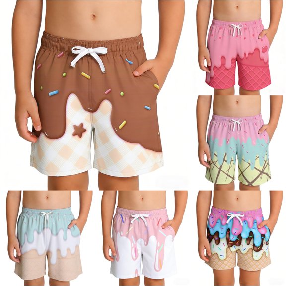 CUZIBR Boys Quick Dry Swim Trunks Drawstring Elastic Waist Summer Beach Shorts Ice Cream Print Kids Pool Bathing Suit Lightweight Water Swimwear For Toddler,3-Coffee,7-8 Years