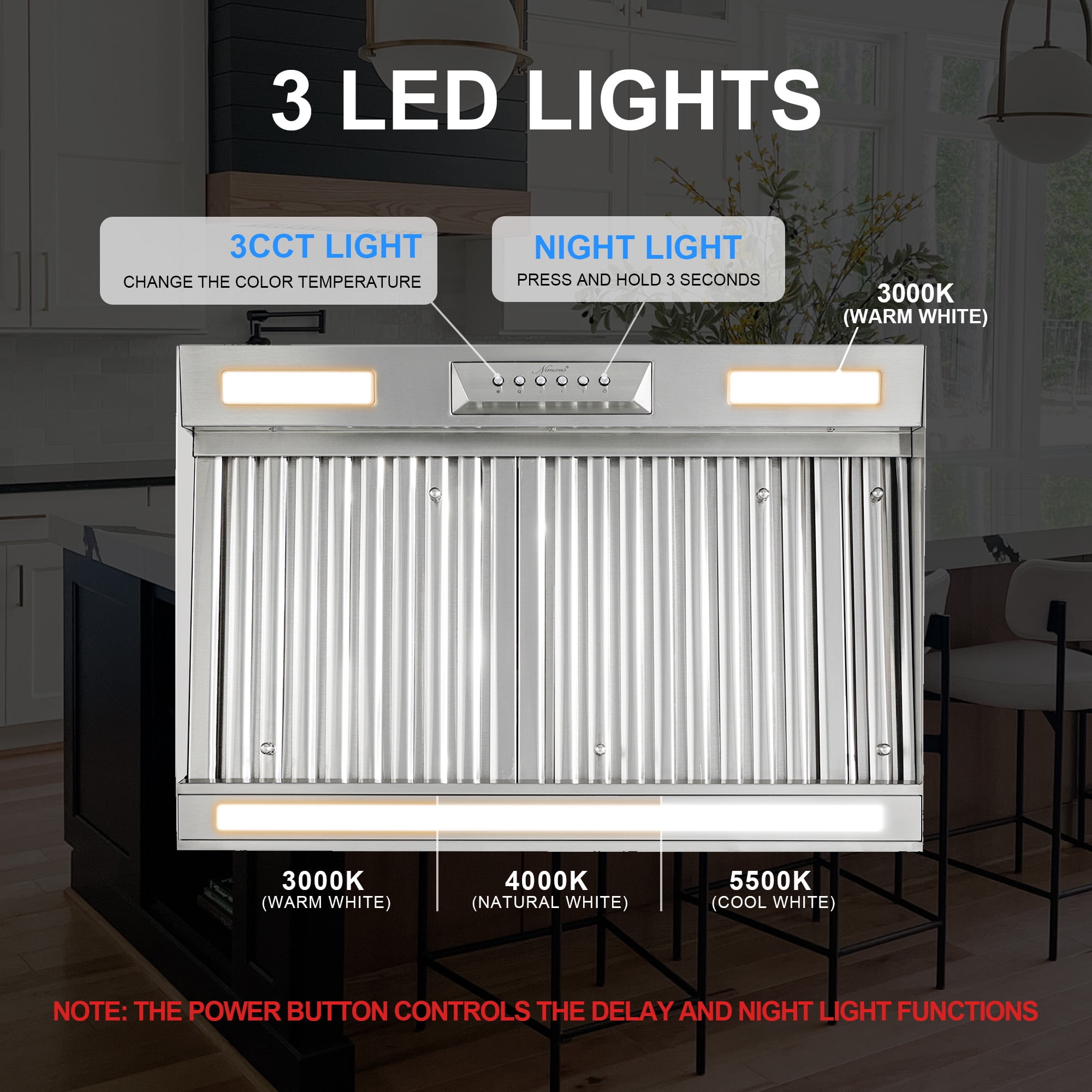 Akicon Range Hood 30 Inch, 600 CFM Stainless Steel Range Hood Insert with 4 Speed Control, 2-LED Lights & Nightlight, Baffle Filters