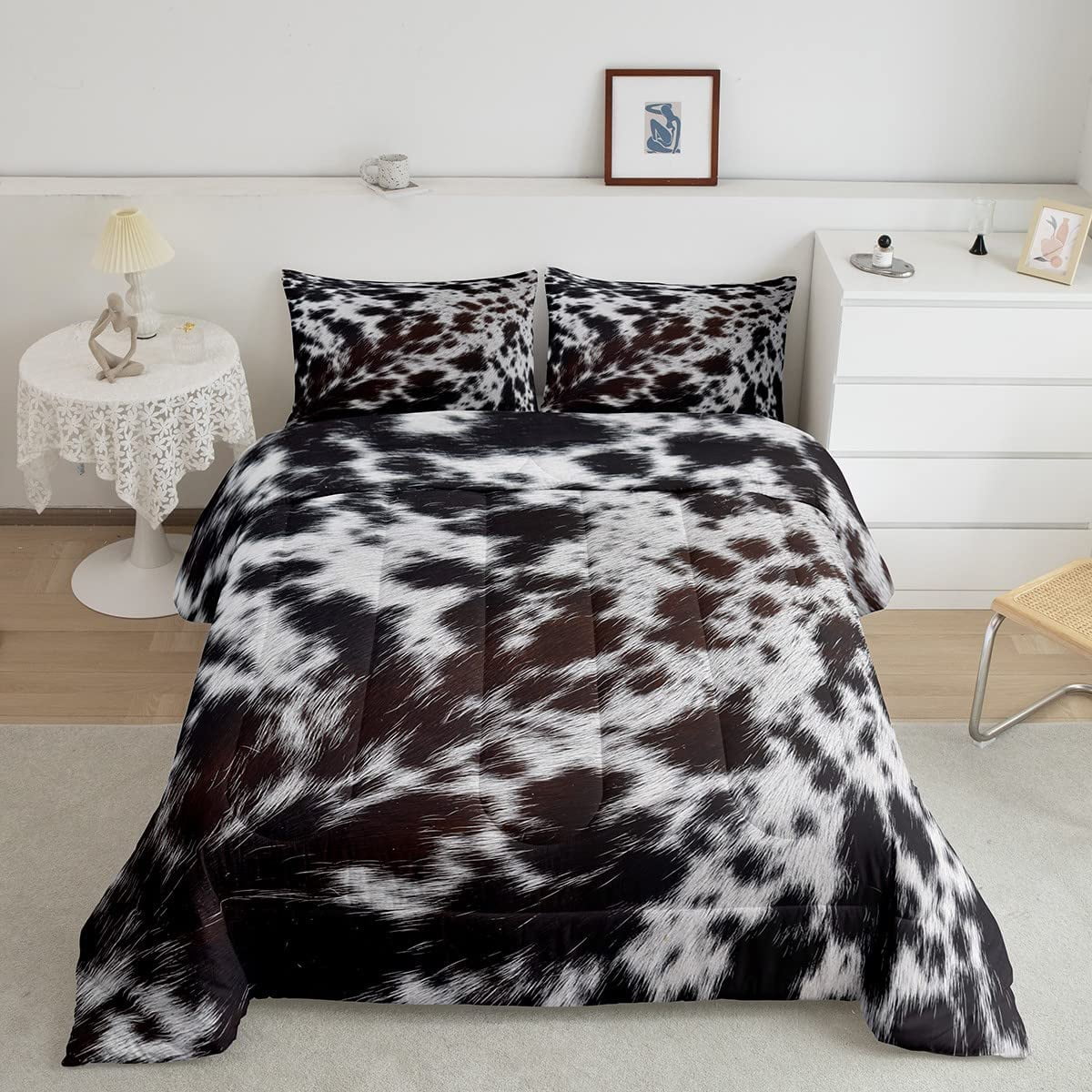Western Brown Cowhide Comforter Set,Aztec Black White Cow Print Bedding