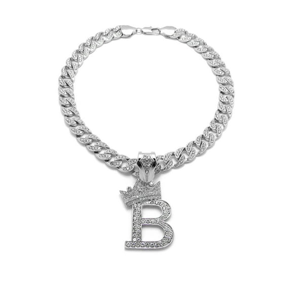 iJewelry2 Kings and Queens Crowned Initial Letter B Crystals Pendant Silver-tone Cuban Linked Chain Necklace