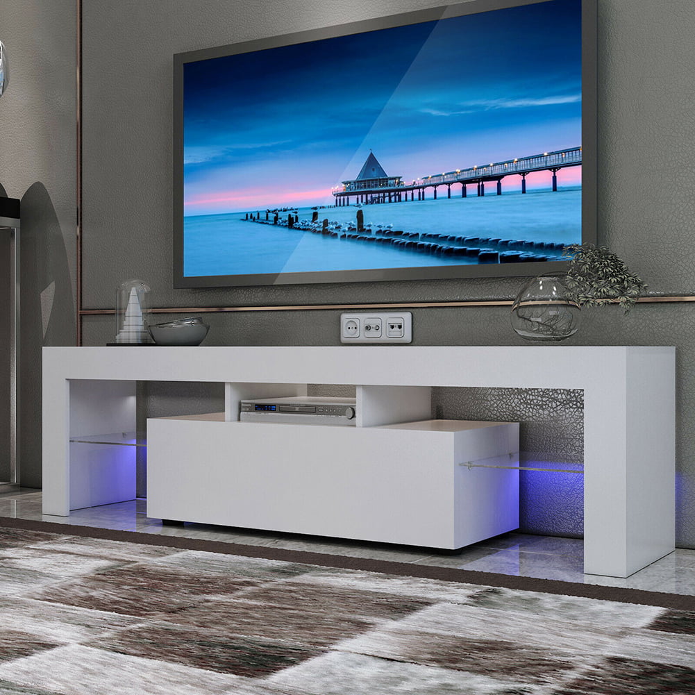 Modern White TV Stand Cabinet LED Unit Matt body and High Gloss Doors  Lights
