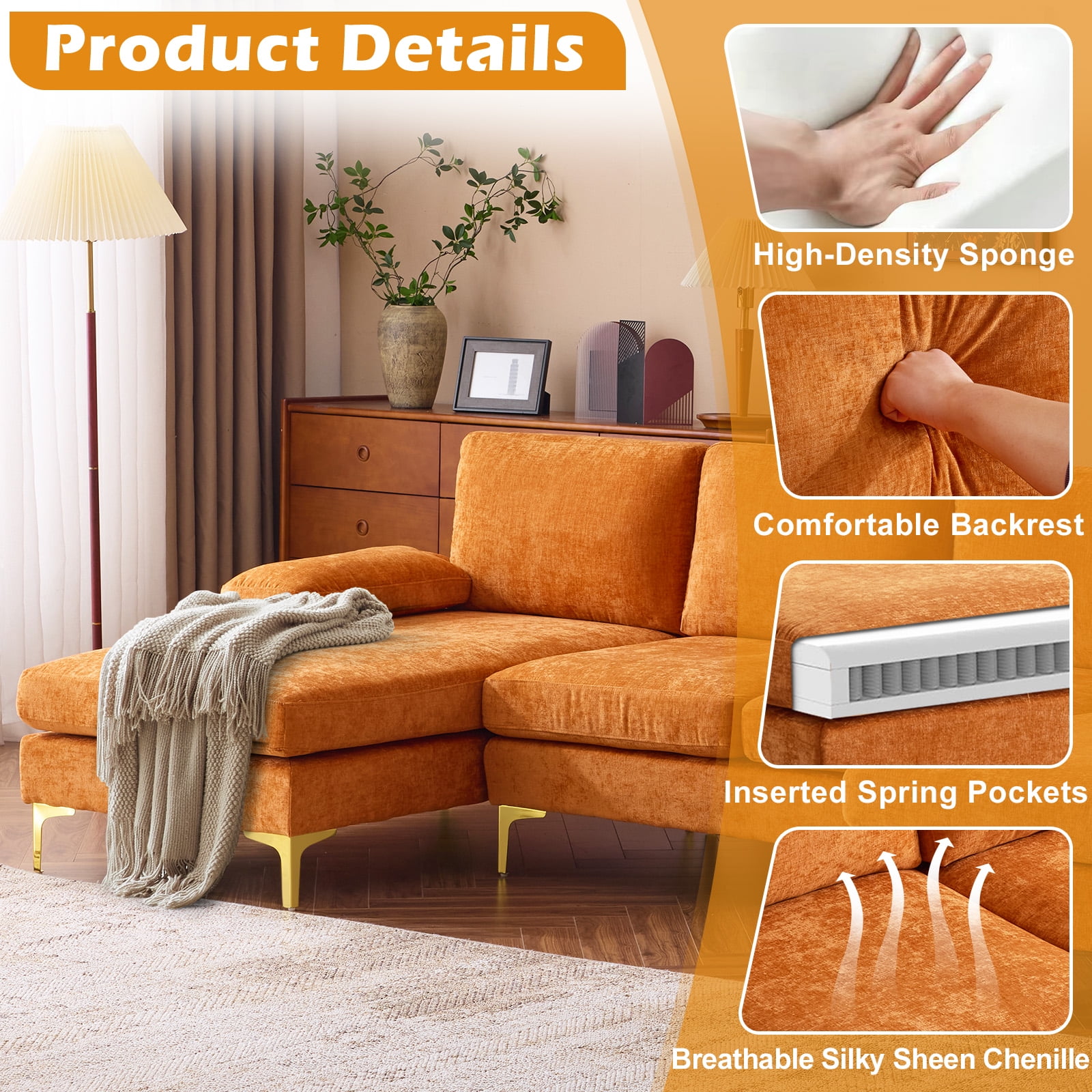 Ktaxon Sectional Sofa Set, 110" U-Shaped Chenille Couch, 4 Seat Lounge Sleeper with Double Chaise for Living Room Orange