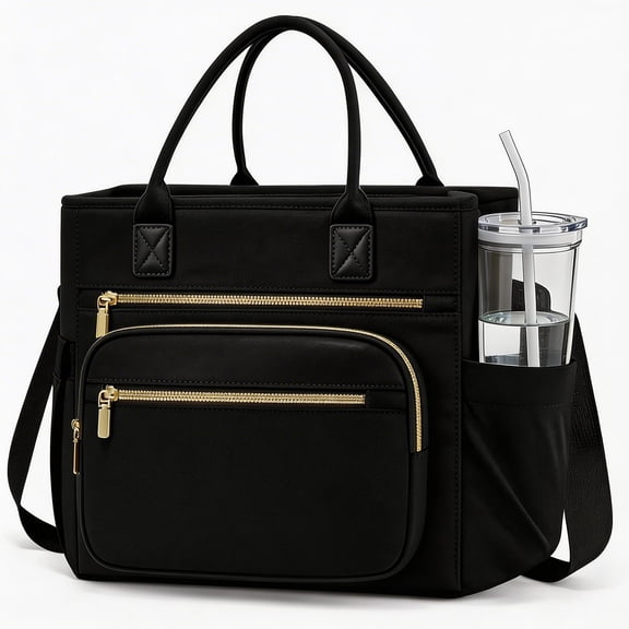 13L Insulated Lunch Bag with Adjustable Strap and Cup Holder, Wide Opening Reusable Cooler Tote for Work Travel Picnic, Black