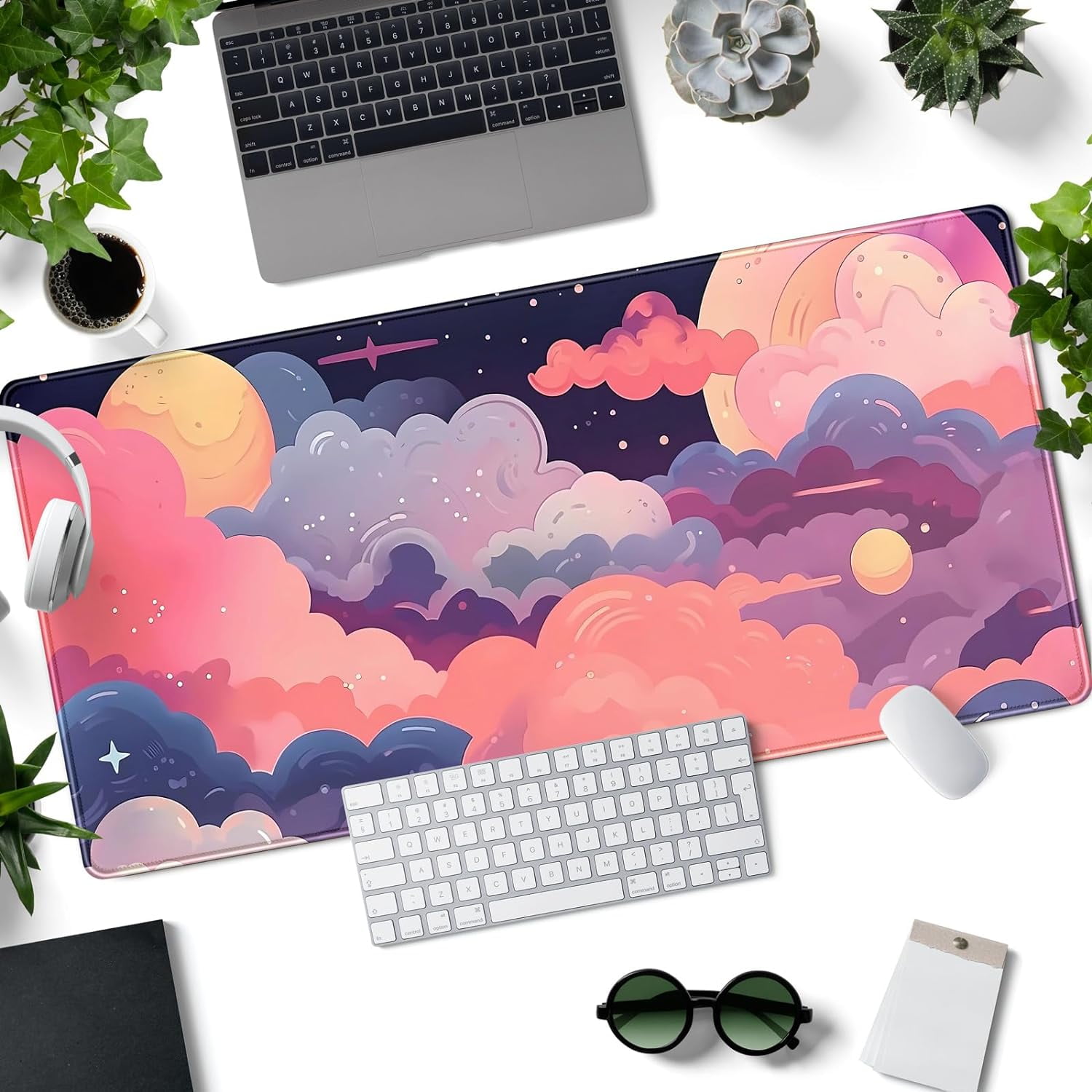 Cute Desk Mat Kawaii Clouds Pink Purple Desk Pad Anime XXL Large Mouse Pad Big Full Desk Gaming Mousepad Laptop Computer Keyboard Mouse Mat 31.5''X 15.7'' Cute Desk Decor Accessories